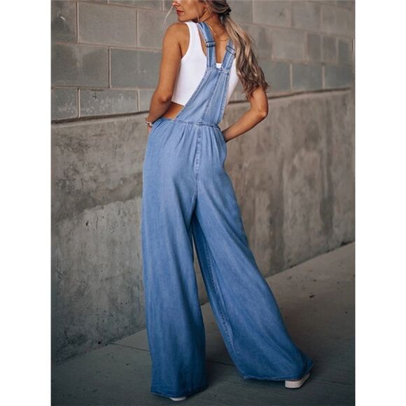 Super Wide Leg Denim Overalls with Pockets Boho Hippie 90s Stonewashed - Picture 2 of 4